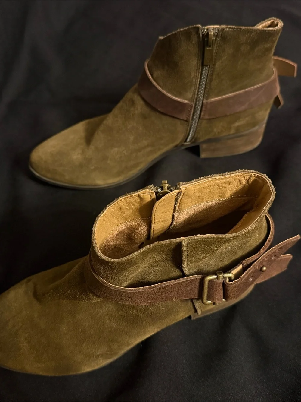 American Rag Brianna Olive Suede Ankle Boots with Brown Strap